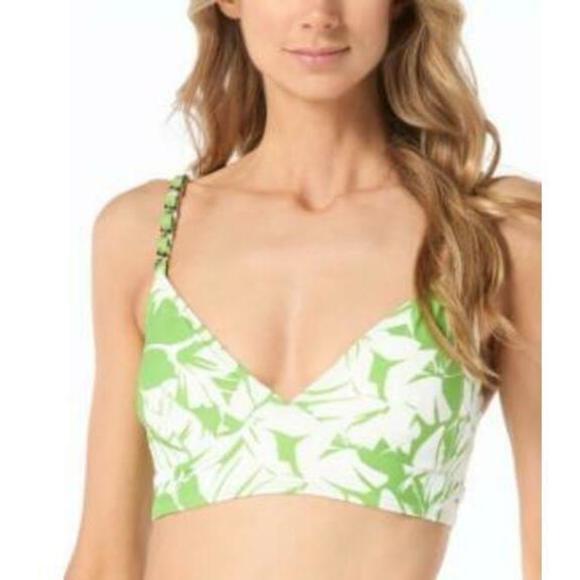 Michael Kors MICHAEL Women's Green/White Printed V-Neck Chain-Strap Bikini Top L - Picture 1 of 1
